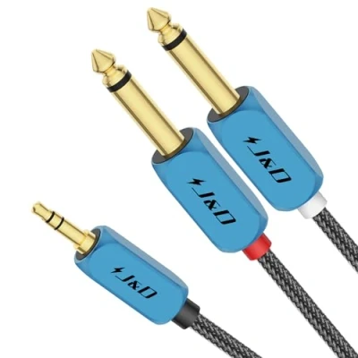Abbildung von J&amp;D 3,5mm auf Dual 6,35mm Y Kabel Splitter, 1/8 Zoll TRS Stecker 1/4 TS Mono Stereokabel für Verstärker/Mixer/Audiorecorder, mit Nylongeflecht und Vergoldeter Kupferhülle