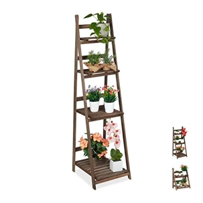 Abbildung von Relaxdays Blumentreppe, 4 stufig, Blumenleiter Holz, klappbar, Leiterregal Pflanzen, HBT: 160 x 41 49 cm, dunkelbraun, Braun