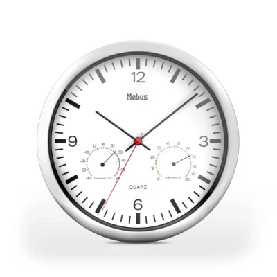 Abbildung von Mebus Quarz Wanduhr mit Thermometer und Hygrometer/silberner Rahmen/weißes Zifferblatt / 25cm Durchmesser/Rund/Modell: 56730 Farbe: Silber, Weiß
