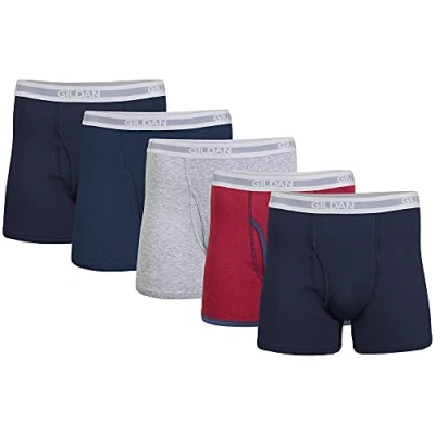 Abbildung von Gildan Herren Underwear Boxer Briefs, Multipack Retroshorts, Marineblau/Heather Navy/Sport Grey/Dot/Navy (5er Pack, kürzere Länge), X Large