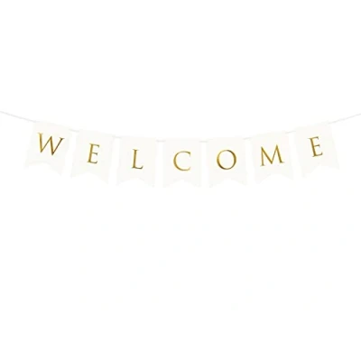 Abbildung von Herzlich Willkommen Girlande 15x95cm Papier Banner Welcome Geburt Baby Party Schule Kinder Deko weiß P&amp;D Flaggengirlande Gold, ca. 0,95 Meter