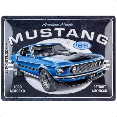 Abbildung von Nostalgic Art Retro Blechschild, 30 x 40 cm, Ford Mustang 1969 Mach 1 Blue Geschenk Idee für Fans, aus Metall, Vintage Design