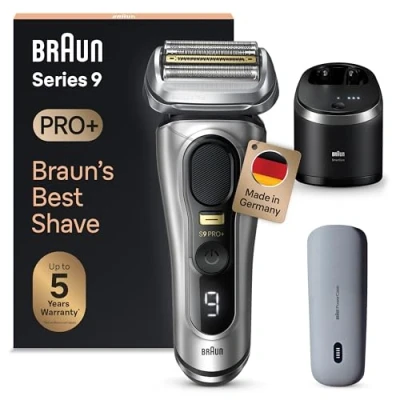 Abbildung von Braun Series 9 Pro+ Rasierer Herren, Elektrorasierer mit 5 Pro Rasierelementen, Langhaarschneider &amp; Reinigungsstation, Ladeetui PowerCase, 60 Min Laufzeit, Made in Germany, 9577cc, Silber
