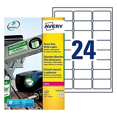 Abbildung von Avery L4773 20 480x Ultra widerstandsfähige Etiketten für Laserdrucker 63,5 x 33,9 mm Weiß