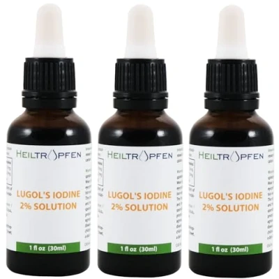 Abbildung von 3x Lugolsche Lösung 2% 30 ml Inhaltsstoffe in pharmazeutischer Qualität 6% Lugols liquid Formulierung 2 prozent elementares Jod und 4% Kaliumjodid Heiltropfen®