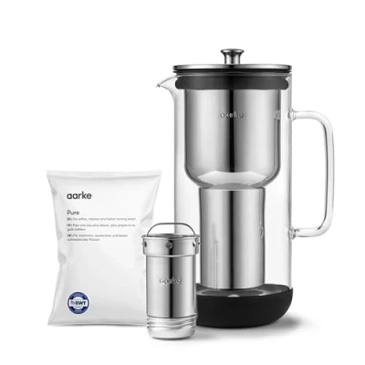 Abbildung von Aarke Purifier, Wasserfilterkaraffe aus Glas und Edelstahl, 2.4L, Pure Filter Nachfüllbeutel