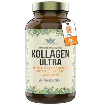 Abbildung von naturalie® Kollagen Ultra premium Kapseln mit Cofaktoren Hyaluronsäure, Vitamin C, Zink und mehr 180 im Braunglas