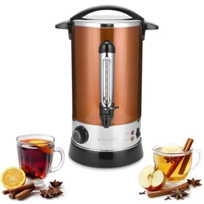 Abbildung von Navaris Glühweinkocher Heißwasserspender aus Edelstahl 10l mit Thermostat Füllstandanzeige Zapfhahn Glühwein Heißgetränkeautomat Kupfer