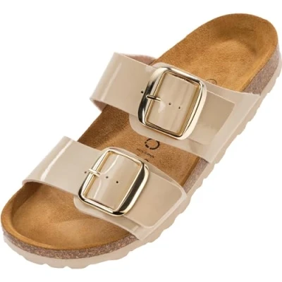 Abbildung von Palado Pantoletten Damen Samos GS bequeme Sandalen Made in Spain Hausschuhe mit dämpfendem Kork Fußbett modische Sommerschuhe Lack Creme UK8 EU41