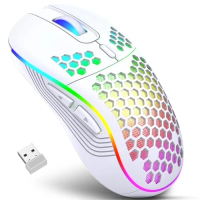 Abbildung von JYCSTE Kabellose Gaming Maus, wiederaufladbare Computermaus Ergonomische Maus Honeycomb Design mit RGB Hintergrundbeleuchtung, USB Empfänger, einstellbare DPI, für PC/Mac/Laptop (weiß)
