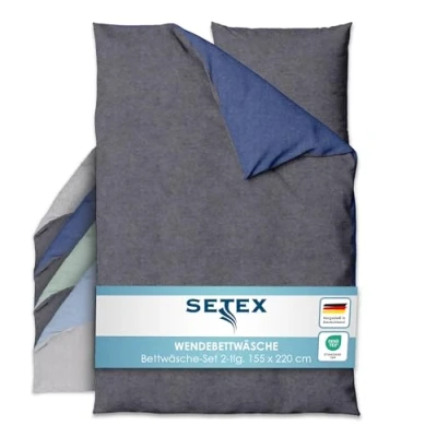 Abbildung von SETEX Wendebettwäsche 155x220 cm 2 teiliges Bettwäsche Set in ansprechendem Dunkelgrau Dunkelblau Design, Inklusive Bettdeckenbezug und Kissenbezug (80x80 cm), Aus 90% Baumwolle/10% Polyester