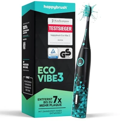 Abbildung von happybrush [Testsieger*] Elektrische Schallzahnbürste Eco VIBE 3 Nachhaltige Zahnbürste mit 6 Wochen Power Akku inkl. 1 Aufsteckbürste Black Mint Vorteilsset