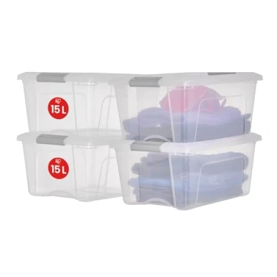 Abbildung von Iris Ohyama Aufbewahrungsboxen mit Deckel, 15L, 4er Set, Silber, Sicherer Verschluss, Stapelbar, Griffe, Schlafzimmer, Schrank, Büro, Organisation, BPA freies Plastik, Ordnungsboxen, NTB 15