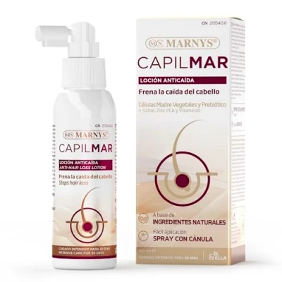 Abbildung von Capilmar Marnys Lotion gegen Haarausfall, stoppt Haarausfall und gibt Festigkeit, hinterlässt keine fettigen Rückstände, mit pflanzlichen Stammzellen, Präbiotikum Sabal, Zink PCA Vitaminen,