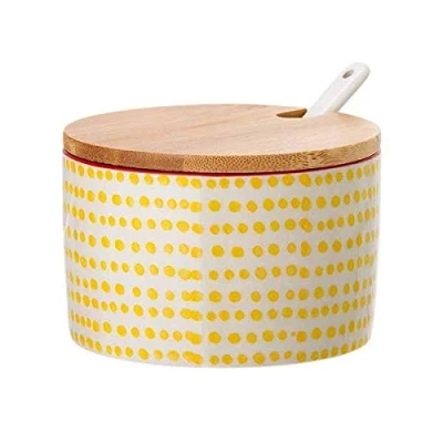 Abbildung von Bloomingville Salztopf mit Deckel und Löffel Susie Retro Zuckerdose Vintage Topf für Marmelade Ø 10 cm, gelb, Keramik, fasst ca. 250 ml
