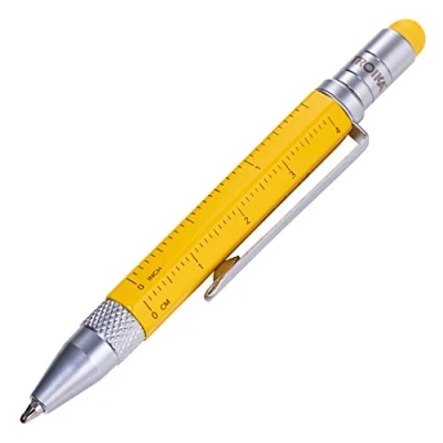 Abbildung von Troika Multitasking Kugelschreiber (klein), Zentimeter /Zoll Lineal, Schlitz /Kreuzschraubendreher, Stylus (gelb), schwarze Mine, inkl. 2 Ersatzminen, Aluminium/Messing/Stahl, matt, gelb