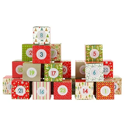 Abbildung von Papierdrachen DIY Adventskalender zum Befüllen Kisten Set Motiv Rot Grün Beige 24 Bunte Schachteln aus Karton Aufstellen und Boxen Weihnachten