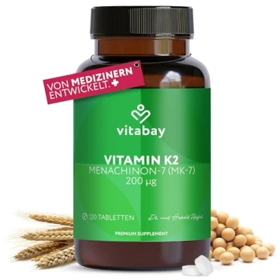 Abbildung von Vitabay Vitamin K2 Hochdosiert 200 µg (mcg) 120 Tabletten Vegan &amp; Laborgeprüft MK 7 (Menachinon 7) aus natürlichen Zutaten in All Trans Form Hohe Bioverfügbarkeit