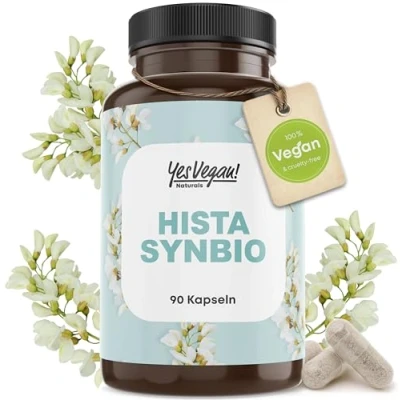 Abbildung von Hista Synbio (90 Kapseln) Milchsäurebakterien und Bifidobaktieren bei Histaminintoleranz Fruktoseintoleranz 2 lösliche Ballaststoffe, Tagesdosierung von 20 Mrd. Keimen Vegan