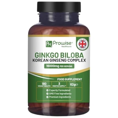 Abbildung von Ginkgo Biloba und koreanischer Ginseng Tabletten 8000 mg 180 vegane 6000 &amp; Koreanische Ginsengwurzel 2000 Großbritannien Hergestellt von Prowise Healthcare