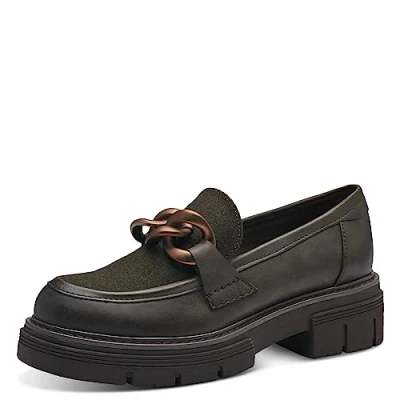Abbildung von MARCO TOZZI Damen Loafer mit Plateau aus Kunstleder Kette, Grün (Khaki Comb), 40