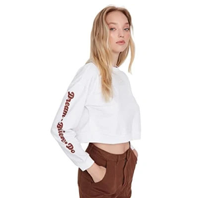 Abbildung von TRENDYOL Damen mit Rundhalsausschnitt, Einfarbig Sweatshirt, Natur, XS EU
