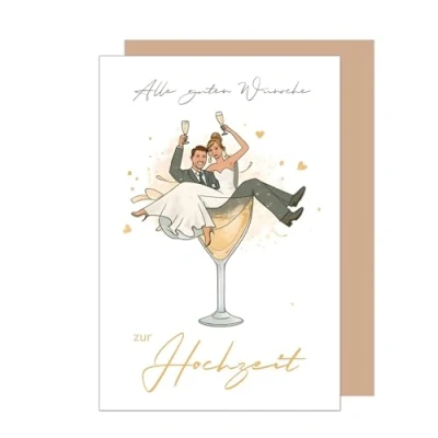 Abbildung von Edition Seidel Premium Glückwunschkarte zur Hochzeit mit Umschlag aus Kraftpapier. Hochzeitskarte Grußkarte Vermählung Just Married Wedding Brautpaar Sekt anstoßen (H483 SW024)