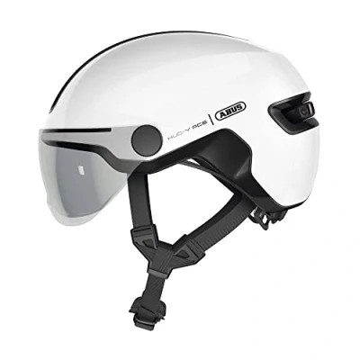 Abbildung von ABUS Stadthelm HUD Y ACE stylischer Fahrradhelm mit Visier und magnetischem, aufladbarem LED Rücklicht für Damen Herren Weiß Glänzend, Größe S