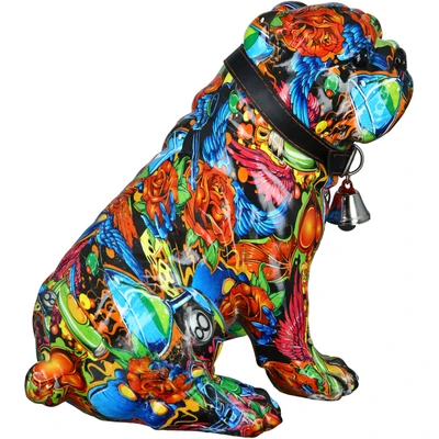 Abbildung von Casablanca Deko Figur Mops sitzend Moderne Tierfigur Sculptur im Street Art Graffiti Design Dekoration Innenbereich Mehrfarbig Höhe 23 cm