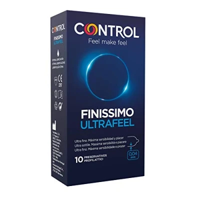 Abbildung von Control Ultrafeel Kondome. Packung mit 10 ultradünnen Kondomen, maximale Empfindlichkeit, geschmiert, sicherer Sex. Genießen Sie Perfect Fit Kondome für eine sichere Beziehung.