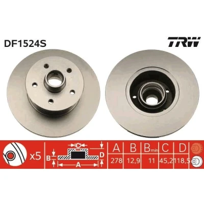 Abbildung von TRW DF1524S Bremsscheibe 278 12,9 5 112 voll lackiert VOLKSWAGEN: TRANSPORTER 3 Kasten, Bus,