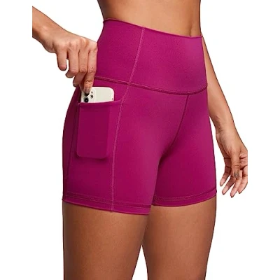 Abbildung von CRZ Yoga Naked Feeling Damen Kurze Leggings High Waist Radlerhose Fitness Sporthose mit Taschen 10cm Magenta Violett 40