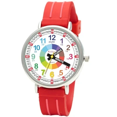 Abbildung von Kiddus Lernuhr für Kinder, Jungen und Mädchen, Analog Rot Kinderuhr, erste Kinderarmbanduhr ab 5 Jahre, Stunde Minute beschriftet