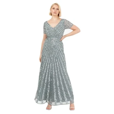 Abbildung von Maya Deluxe Damen Pailletten Maxi Abendkleid Elegant für Hochzeit V Ausschnitt A Linien Schnitt Brautjungfernkleid, Misty Green, 46
