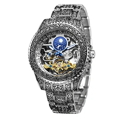 Abbildung von Retro Geschnitzt Skelett Steampunk Automatik Armbanduhr Goldene Silber Herren Uhr mit Metallarmband AM/PM Sonne Mond Geschenke für Manner,