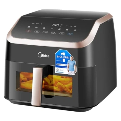 Abbildung von Midea Heißluftfritteuse XXL Air Fryer 9L, 8 in 1, Extra breite Kammern, max 200C, Fritteuse ohne Öl, Grillen, Backen, Braten, Dehydrieren, Aufwärmen, Warmhalten, Rezeptbuch, Spülmaschinenfeste
