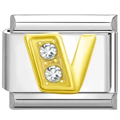Abbildung von Quiges 9mm Italian Style Charm Modell Edelstahl Alphabet Buchstaben V für Italien Armbänder
