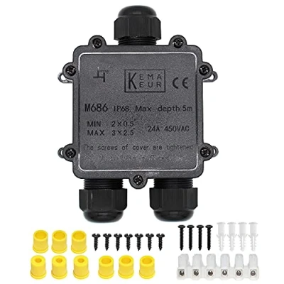 Abbildung von Abzweigdose, Verbindungsdose, HUYU 3 Wege Junction Box, IP68 Wasserdichte Verteilerdose, Kabelverbinder Aussen, Elektrischer Außenverteilerdose, Erdkabel Klemmdose, Kabeldurchmesser Ø 4mm 14mm,
