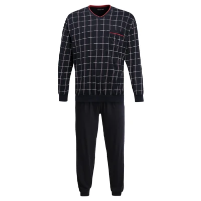Abbildung von Götzburg Herren Pyjama, Langarm, Baumwolle, Single Jersey, Navy, kariert, mit Bündchen 56