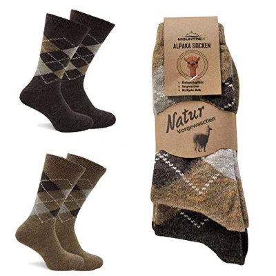 Abbildung von MOUNTREX Alpaka Socken, Wollsocken für Damen, Herren Warme Wintersocken 2 Paar, Beige/Braun (Karo Dünn), 35 38