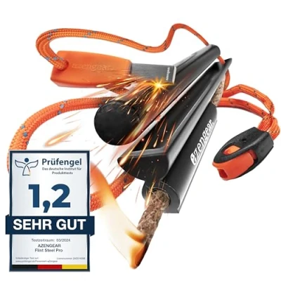 Abbildung von aZengear Bushcraft Flint Steel Pro Feuerstahl Feuerstarter, ⌀13mm XXL Ferro Rod, HSS Striker, Tinder, Paracord, wasserdichtes Outdoor Survival Set, Feuerstein Firesteel für Camping