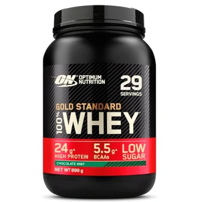 Abbildung von Optimum Nutrition Gold Standard 100% Molkenproteinpulver für Muskelaufbau und regeneration mit natürlich vorkommendem Glutamin BCAA Aminosäuren, Chocolate Mint, 29 Portionen, 899 g