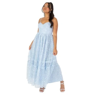 Abbildung von Maya Deluxe Damen Women&#039;s Ladies Midi Dress Sleeveless V Neck Cami Sequin Embellished Embroidered Ruffles for Wedding Guest Prom Ball Gown Kleid, Blue, 34