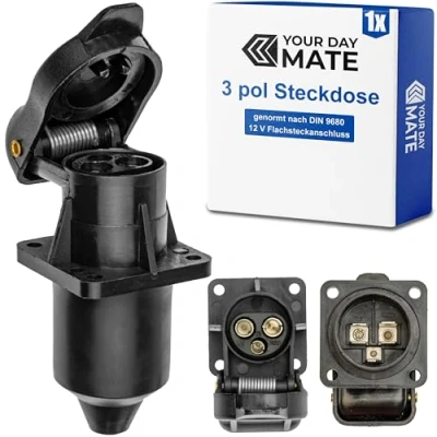 Abbildung von 3 polige Steckdose, 1 Stück, 4 Loch Montageplatte, Hartplastik Gehäuse, pol Steckdose nach DIN 9680 genormt, mit Dichtring, Steckanschluss für 12 V Systeme, pin Socket Landmaschine, Baumaschine
