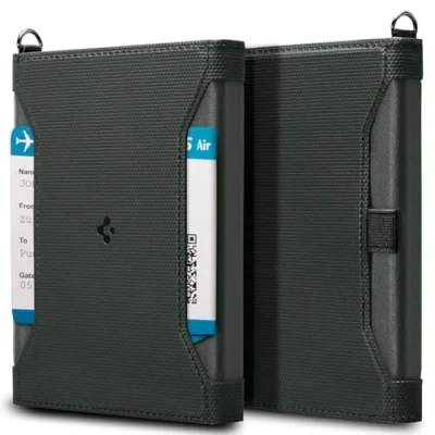 Abbildung von Spigen Reisepass Hülle mit RFID Blockierung und SIM Karten Pin Passport Cover aus Kunstleder Militärgrün