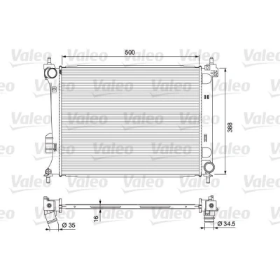 Abbildung von VALEO 701729 Kühler, Motorkühlung Aluminium 500 388 16 ohne Kappe Kühlrippen gelötet HYUNDAI: i20 I Hatchback