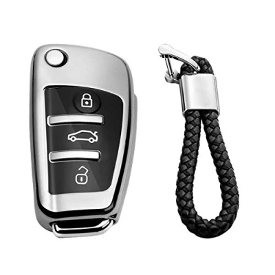 Abbildung von M.JVisun TPU Weich Autoschlüssel Fall für Audi A1 A3 A4 A6 A8 Quattro Q2 Q3 Q7 R8 RS3 RS6 S3 S6 TT TTS Silikon Schlüssel Hülle Glänzend Silber Flechten Schlüsselbund
