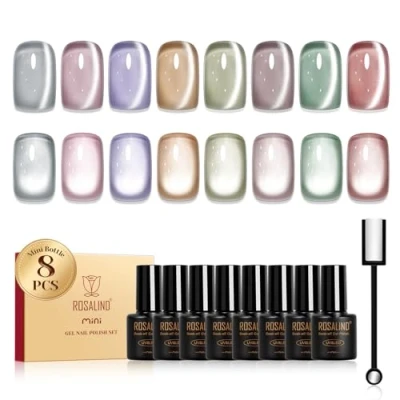 Abbildung von ROSALIND UV Nagellack Jelly Magnetische, 8 Farben Weiß Rosa Violett Gold Braun Grün Kristall Mondlicht Cat Eye Gel Nagellack, Soak Off Mini Transparent Cateye Gellack für Nail Art Maniküre