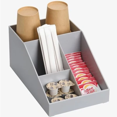 Abbildung von Navaris Kaffee Spender Organizer Aufbewahrung von Zubehör Kaffeebar für u. a. Zucker Milch Servietten Kapseln Kaffeestation 10 Fächer Grau