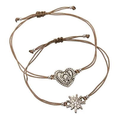 Abbildung von Alpenflüstern Trachten Armband Set Strass Edelweiß und Trachtenherz Damen Trachtenschmuck mit antik Silber farbenem Edelweiss Herz, verstellbare Armketten braun DAB053